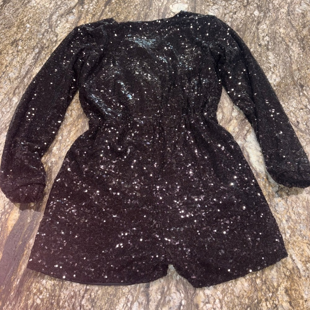 Sequin Romper Women Medium Black Long Sleeve V-Neck Party Playsuit HAODUOYI - Picture 4 of 16